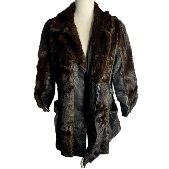 Vintage 70s Real Fur Leather Panel Coat M Black Brown For Repair - Picture 1 of 12